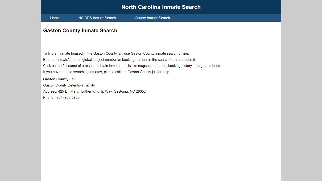 Gaston County Inmate Search